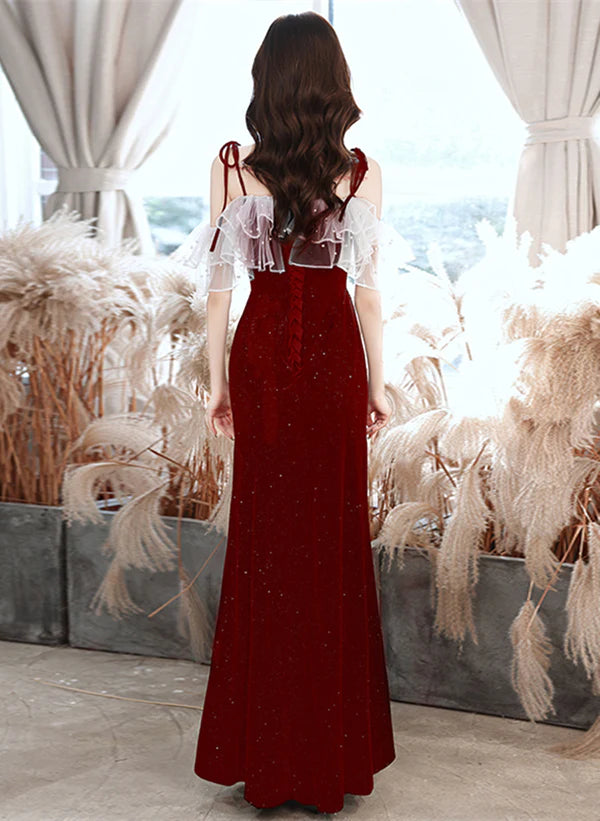 Vestido de fiesta de boda con tirantes de terciopelo rojo vino